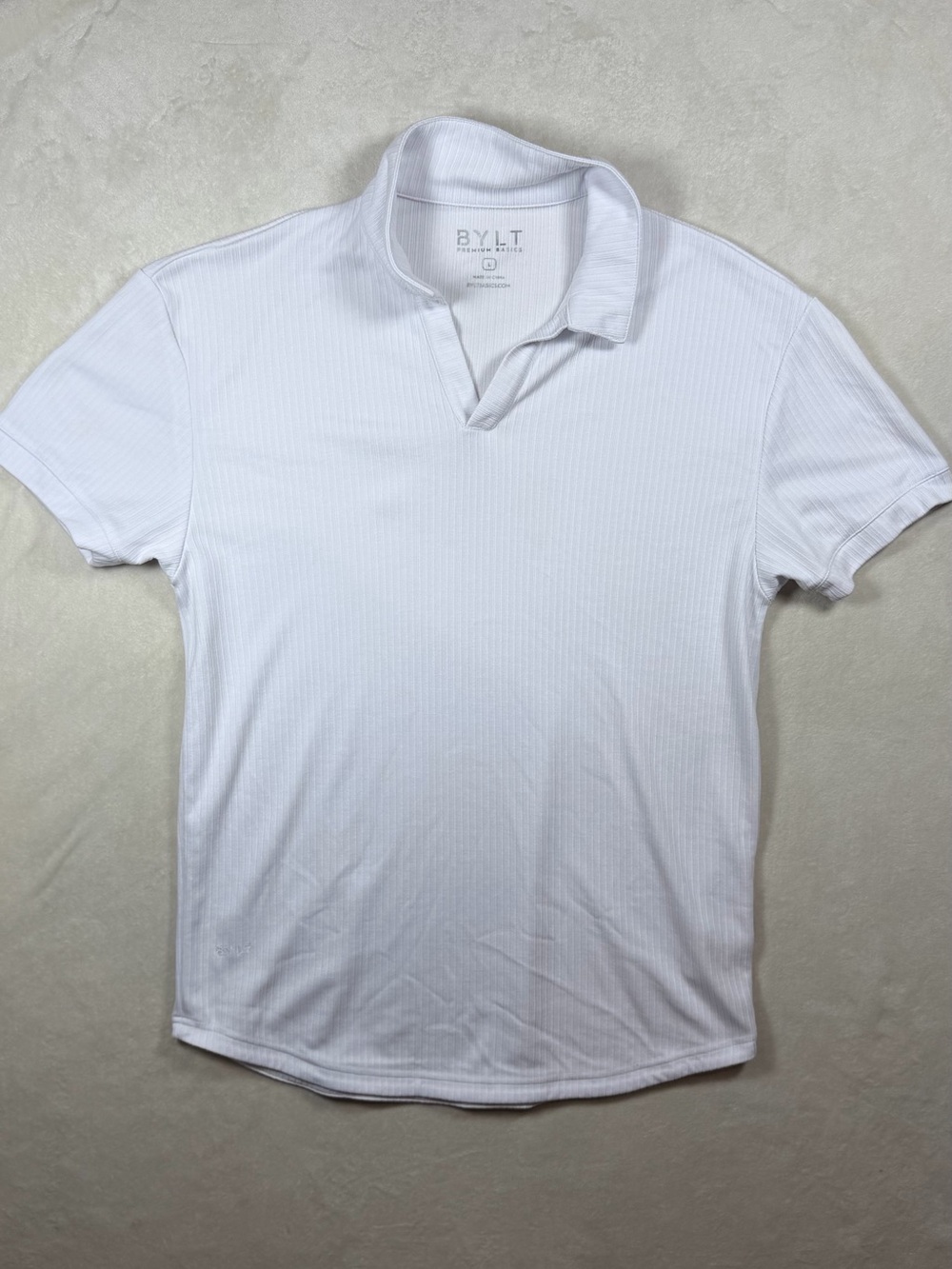 BYLT Basics Size Large Ribbed White Ribbed Polo Structured Blade Collar